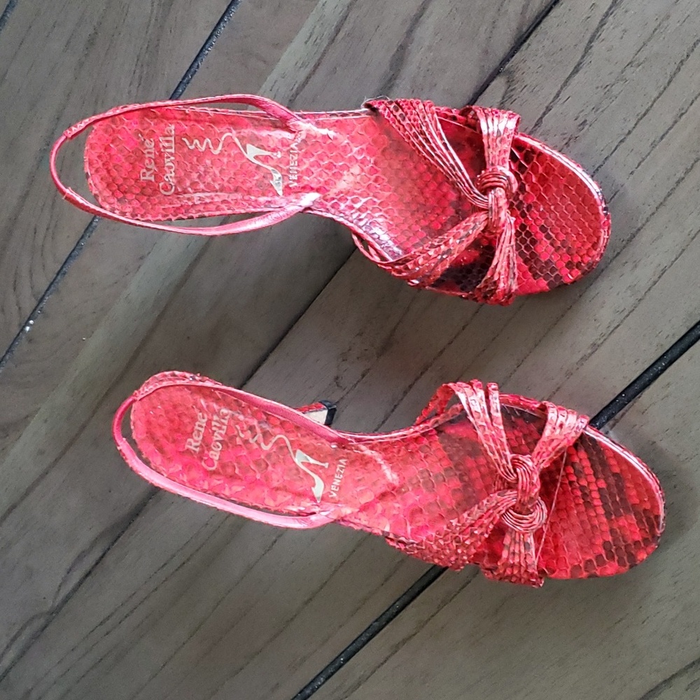 René Caovilla Snakeskin Slingback Heel Sandals, Red, 39EU (9US) - Picture 2 of 15